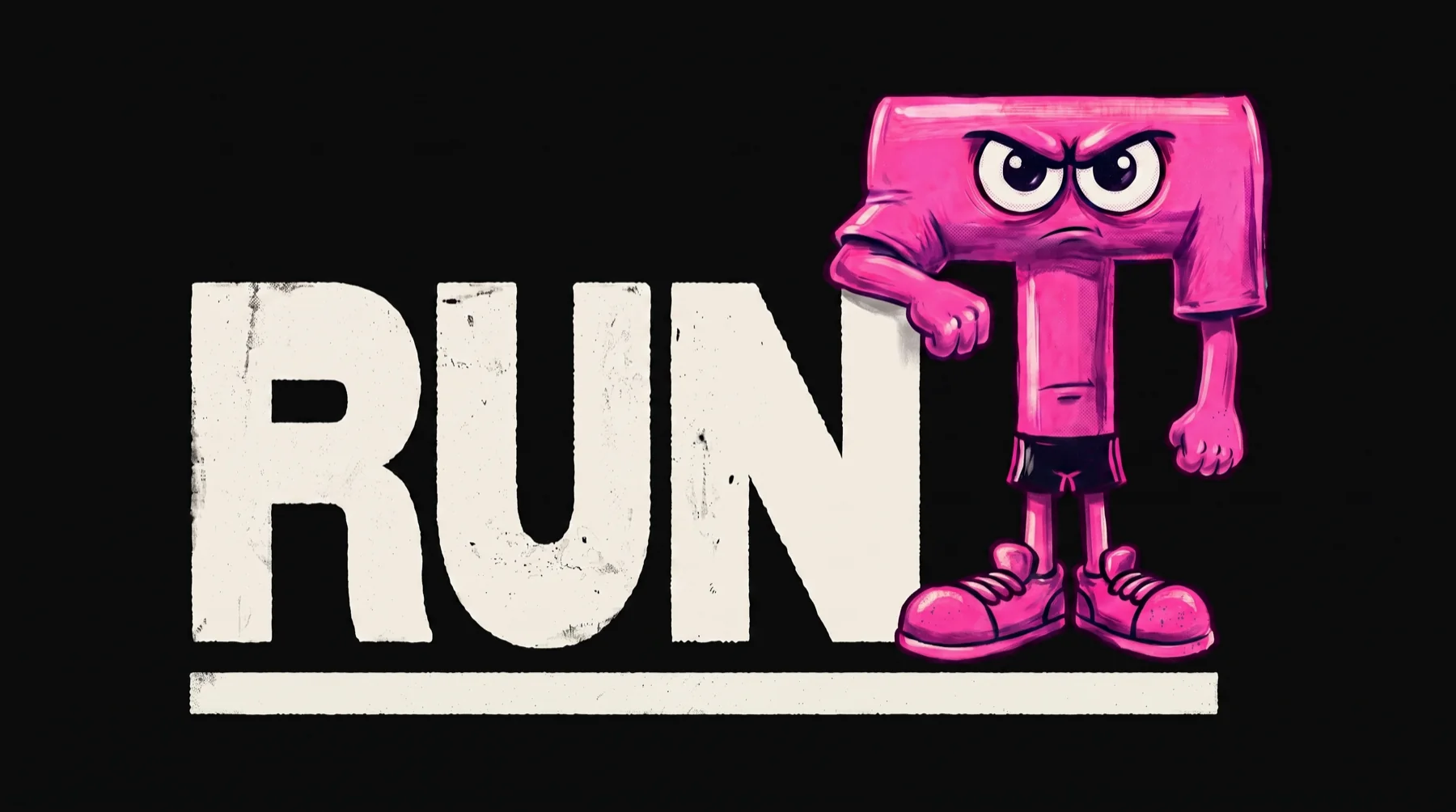 RUNT — the word RUN in heavy capitals, with a pink T-shaped cartoon character standing as the final letter T, his fist resting on the N.