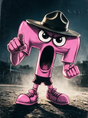 Poster: the pink Runt character in a wide-brimmed campaign hat, mouth open mid-bellow, fists clenched on a dusty parade ground.
