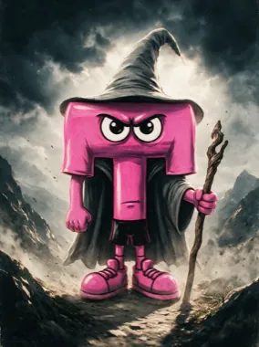 Poster: the pink Runt character in a tall pointed hat and dark cloak, holding a wooden staff on a mountain path under a stormy sky.
