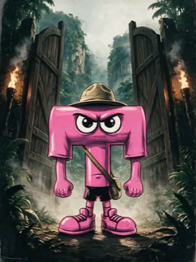 Poster: the pink Runt character in a bush hat and shoulder strap, standing at the entrance to a torchlit jungle valley.
