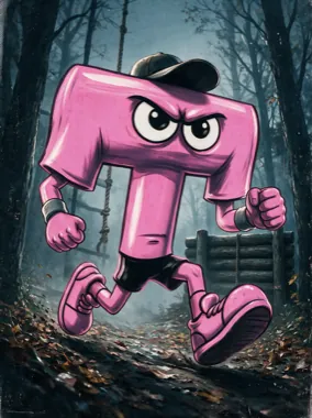 Poster: the pink Runt character in a dark cap, running hard through bare winter woods at dusk.