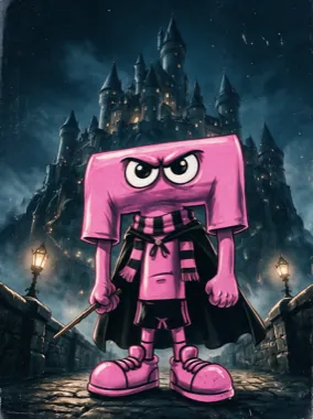 Poster: the pink Runt character in a striped scarf and dark robe, a lit castle on the hill behind him at night.